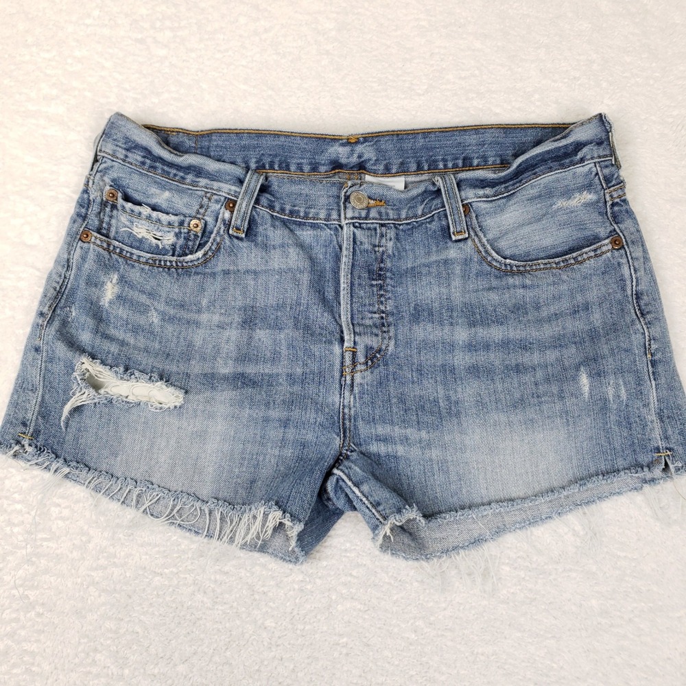 Levis 501 Original Cut Off Denim Shorts Light Wash Blue Distressed Womens W30